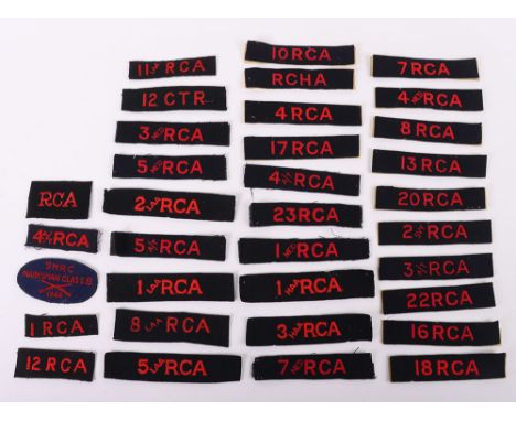 Royal Canadian Artillery Cloth Shoulder Titles 1941-1946. Eighteen wartime issue with black/brown/various backings and fourte