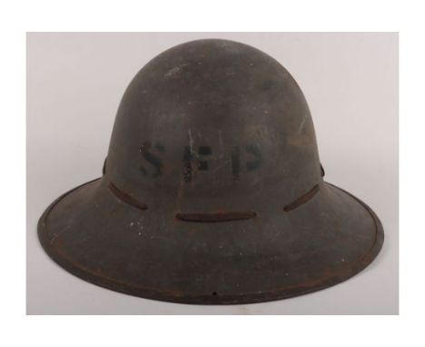 WW2 British Home Front Street Fire Party Helmet: Zuckerman civil helmet with S F P to front complete with liner, stamped to b