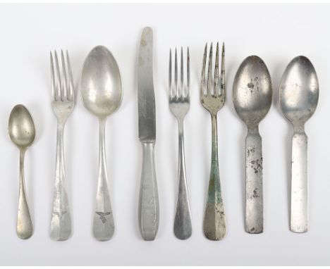 Third Reich German Military Cutlery: WW2 Luftwaffe stamped alloy spoon and folk, two army eagle stamped steel spoons and knif
