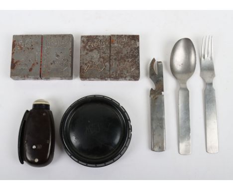 WW2 German Army Personnel Equipment: Black Bakelite fat dish, cutlery set all being eagle stamped, working Bakelite Dynamo to
