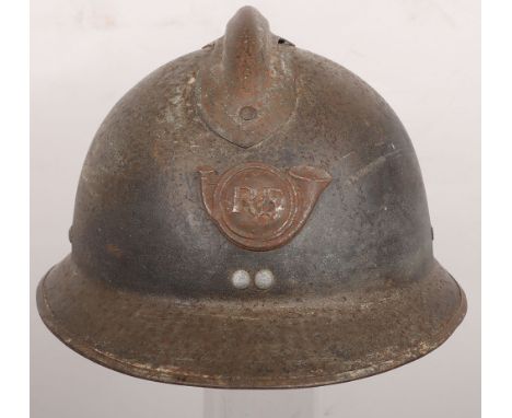 WW2 French Adrian Helmet: Infantry RF badge to front with original paint finish and liner. 