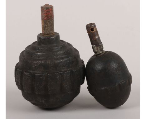 Inert WW1 German Grenades: Inert German 1917 egg grenade with metal screw fuse and 1915 German Kugal hand grenade with brass 