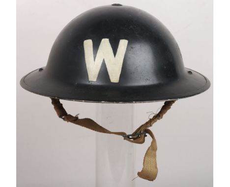 WW2 British Wardens Home Front Helmet: Steel helmet with black over paint on green shell with W to front and back, complete w