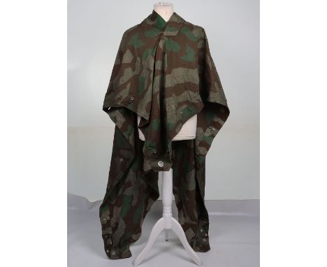 WW2 German Camouflage Zeltbahn: Standard issue military shelter/tent quarter with metal buttons and some old field repairs in