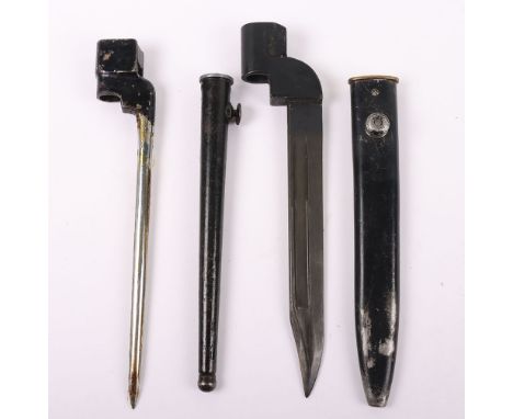 British No 9 Bayonet: Bayonet stamped No9 mk1 D-52 with armour marks complete with scabbard and No 4 spike bayonet and scabba