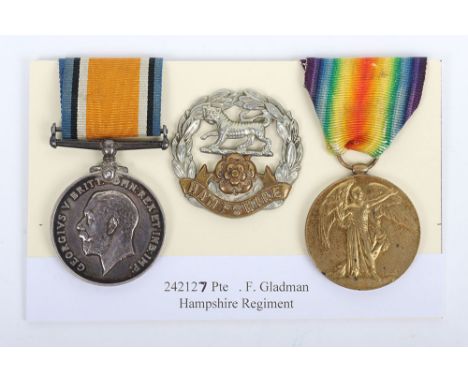 A Great War pair of medals to the 1/5th Hampshire Regiment. British War and Victory Medals, “242127 PTE. F. GLADMAN HAMPS R.”