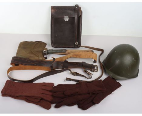 USSR / Russian Military Equipment: Green painted steel combat helmet, entrenching tool with cover, three pairs of gloves with
