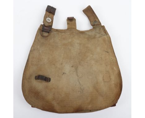 WW1 German Army Stamped Bread Bag: Grey cloth with metal buttons and leather straps, stamped inside B.A.V. 1916 (smudged date