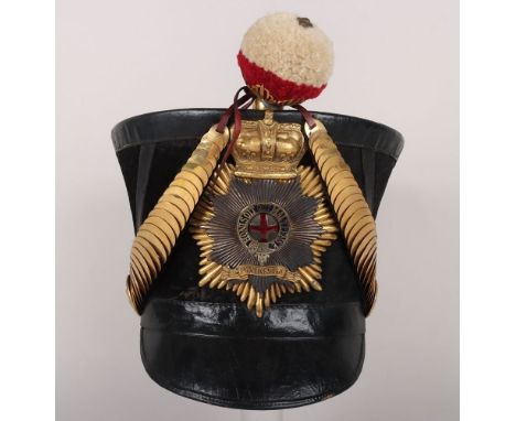 Representation of a Coldstream Guards 1830 Pattern Officers Shako, the black beaver covered body with black patent leather br