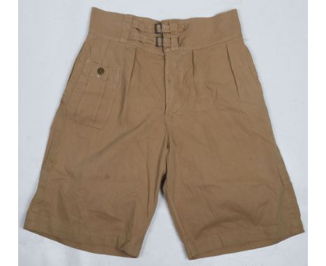 WW2 Khaki Drill Shorts: Denim 1941 pattern shorts with label inside dated 1943 size 12, arrow stamped waist 35-36 cms. 