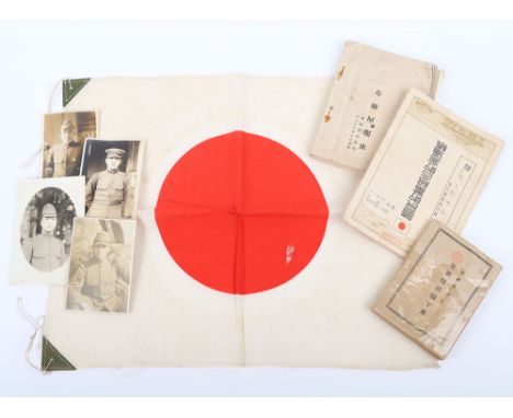 WW2 Japanese Military Photographs, Paperwork and Flag, Good small collection of WW2 Japanese items, including four snapshots 