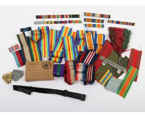 Medal Bars and Ribbons: Medal ribbon bars stitched and pin on bar types, empty WW2 medal box with name R.H.Sempson to top wit