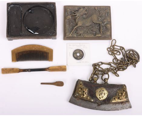 Japanese Ornaments: Cast metal decorative box, comb with holder, coin and inscriber. 4 items 