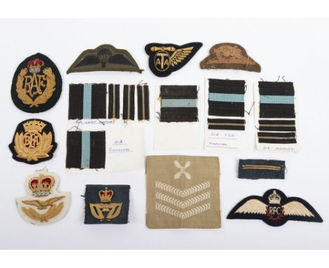 Collection of mainly Royal Air Force cloth items. Lot includes Queen’s Crown Officer’s Bullion wire badges, an R.A.F Band Cap