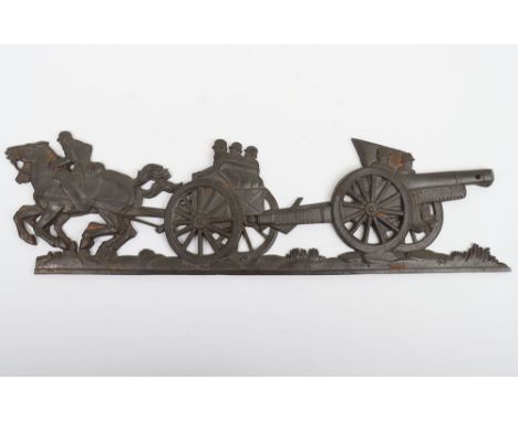 WW2 German Army Artillery Cast Iron Display: Grey cast iron German horse drawn artillery gun and team decorative wall piece b