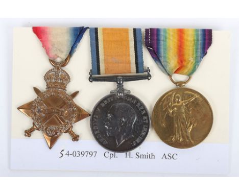 A Great War 1914-15 star medal trio to the Army Service Corps. 1914-15 Star Medal, “S4-039797 CPL H. SMITH A.S.C.”, British W