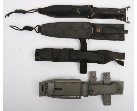 Military Combat Knives: Grey Gerber knife with 12.5 cm blade in plastic scabbard with belt fixings, two Gerber made daggers w