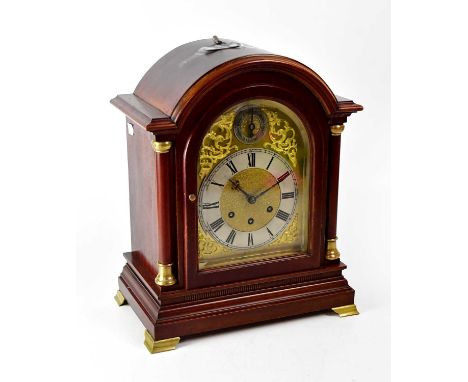 GUSTAV BECKER; a 20th century mahogany cased eight-day musical bracket clock, the arched brass dial with silvered chapter rin