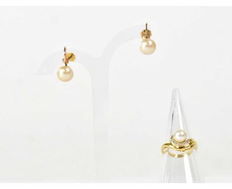 An 18ct yellow gold ring set with a pearl and tiny diamonds, size O, approx. 3.7g, together with a pair of Ciro pearl earring