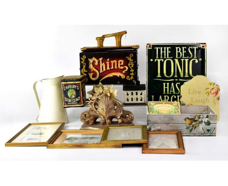 A quantity of collectible items including an enamelled pitcher, various reproduction enamelled signs, a Cadbury's Cocoa tin, 
