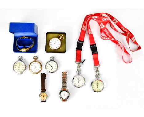 A group of pocket watches, to include a gold-plated Elgin example, the white enamelled dial set with Arabic numerals and subs