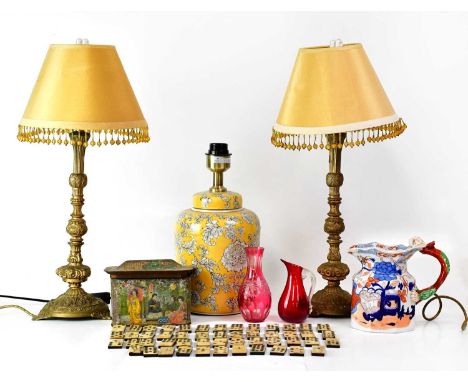 A collectors' lot including phone, dominoes, pair of brass-effect table lamps, Chinese-style table lamp, ironstone-style jug,