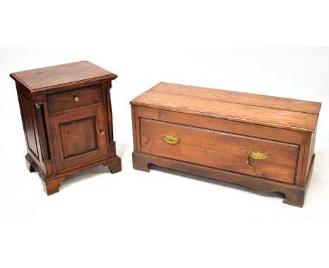 A single-drawer coffee table with brass swing handles, raised on bracket supports, 47 x 106 x 44cm, and a bedside cabinet wit