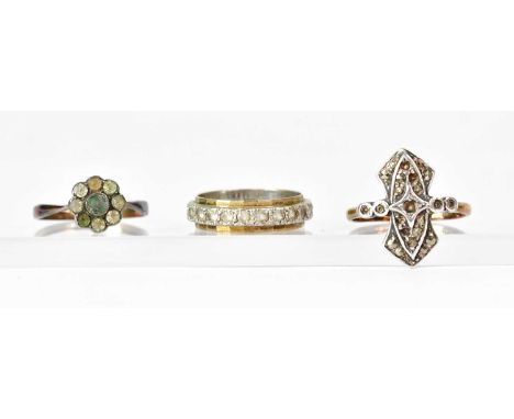 A 9ct yellow and white gold eternity ring set with white stones, size K, approx. 2.7g, an Art Deco marcasite ring with silver