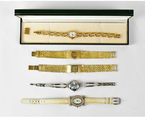 ROTARY; three vintage gold-coloured watches, comprising two c.1970s bark-effect watches, each with square dial set with baton