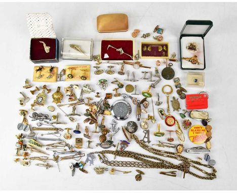 A large quantity of vintage cufflinks, also tie clips including Nippy-Clip and Stratton examples, tie studs, a pocket watch, 