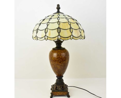 A Tiffany-style lampshade, with clear vertical droplets on an opaque white shade, height approx. 22cm, diameter 40cm, mounted