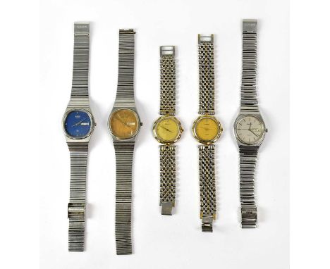 RADO; five wristwatches, comprising three gentlemen's examples, the dials set with baton numerals and date apertures, and two