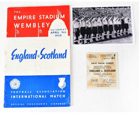 A Football Association International match programme, England v Scotland with associated ticket, April 9th 1938, for west sta