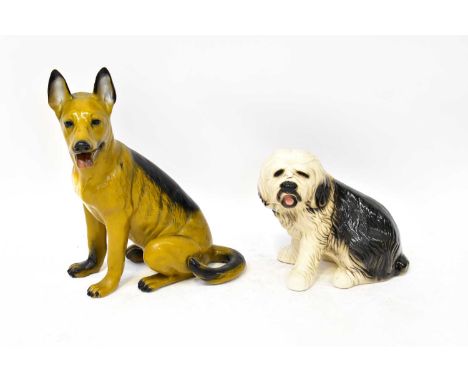 Two floor-standing ceramic dogs, an Alsatian, height 60cm, and an Old English Sheepdog, height 35cm (2).