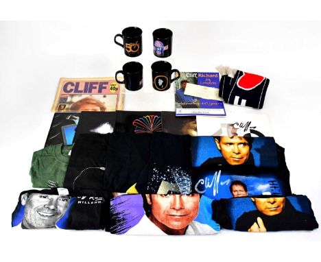 CLIFF RICHARD; three keyrings, four beakers, a scarf, eight T-shirts, a newspaper and a ticket stub, also a Robbie Williams T