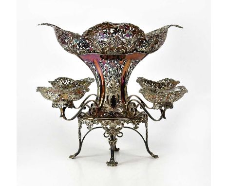 JAMES DIXON; a George V hallmarked silver epergne, with central dish and four additional bowls, pierced decoration throughout