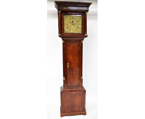 DAVID COLLIER, GATLEY; a George III oak eight-day longcase clock, with gold painted pediment dated 1765, above a 12.5 inch br