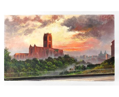 † T. R. SANDERSON; oil on board 'Evening - Liverpool Cathedral', 46 x 76cm, unframed.Condition Report: † This lot may qualify