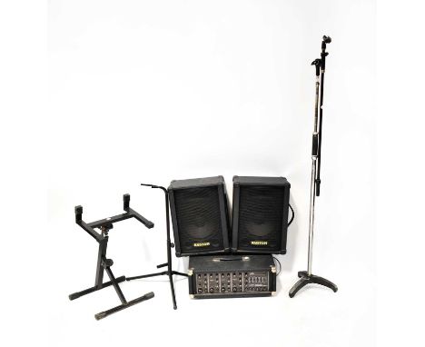 A quantity of music stage equipment to include a Peavey XR400B four channel amplifier/mixer, a pair of Kustom KSC10 monitor s