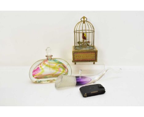 SUNLEY; a vintage automaton singing bird in cage, on musical stand, with factory sticker to underside, height 24cm, two Stuar