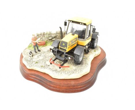 BORDER FINE ARTS; a tractor figure group, 'Frontiers of Farming', model no. B0273, a Fastrac yellow tractor, on wooden plinth