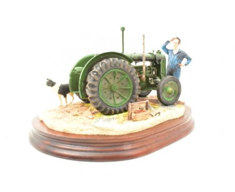 BORDER FINE ARTS; a tractor figure group, 'Won't Start', model no. B0299, a green tractor with dog, on wooden plinth, length 