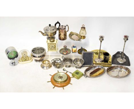 A quantity of plated ware, to include a rose bowl, an Art Nouveau crumb tray, a teapot, a pair of slender candlesticks, heigh