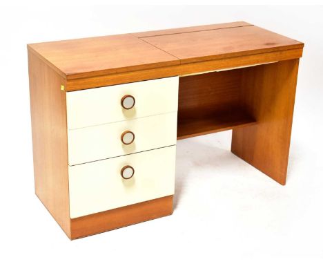 A group of furniture, comprising a modern dressing table with oak top, lift-up compartment enclosing mirrored under-lid and p
