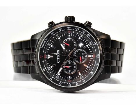 CITIZEN; a stainless steel wristwatch, the black dial set with three subsidiary dials and a date window, dial diameter 3.8cm,