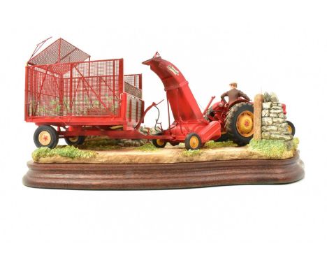 BORDER FINE ARTS; a tractor figure group, 'A Tight Turn', model no. B1220, a red tractor and trailer, on wooden plinth, lengt
