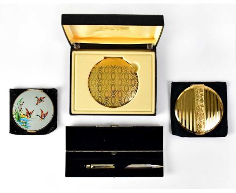 A 925 sterling silver Sheaffer pen, cased, together with two vintage Stratton compacts, one gold-coloured, in original box, t