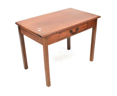 A 19th century style mahogany side table with single drawer, on square legs, 58 x 80 x 48cm, together with a mahogany-effect 
