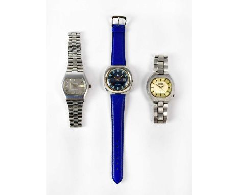 Three wristwatches, comprising a Bulova Accutron, a Waltham Electrodyne, both with baton numerals, date aperture, and on flex