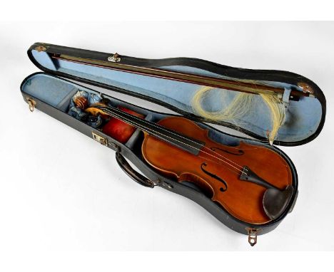 A cased full-size violin with 36cm two-piece back, with two bows, in black leatherette hard case.